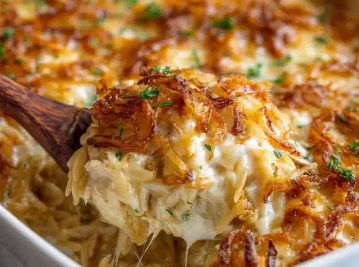 French Onion Chicken Orzo Casserole