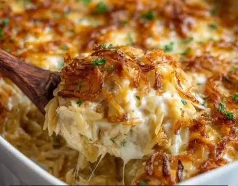 French Onion Chicken Orzo Casserole