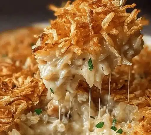 French onion chicken rice bake topped with melted cheese and garnished with herbs