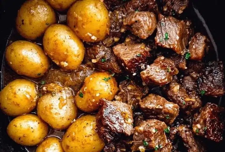 Garlic Butter Beef Bites with Potatoes served on a plate.