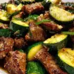 Delicious garlic butter steak bites served on a plate with herbs.