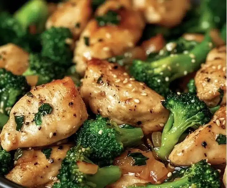 Delicious Garlic Chicken with Broccoli and Spinach on a plate