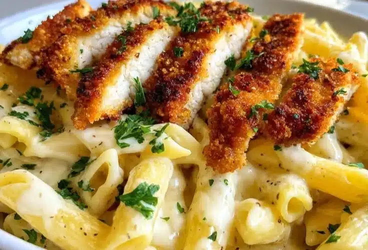 Delicious Garlic Parmesan Chicken Pasta served in a bowl garnished with herbs.