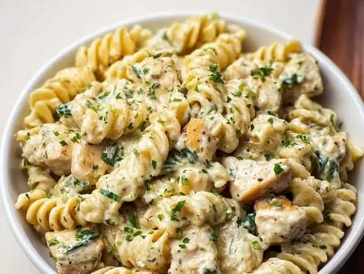 A plate of Garlic Parmesan Chicken Pasta garnished with parsley and cheese.