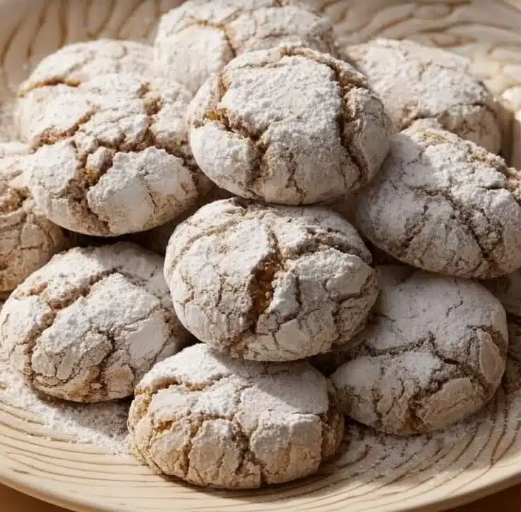 Plate of Moroccan Almond Cookies (Ghriba) with almonds and powdered sugar