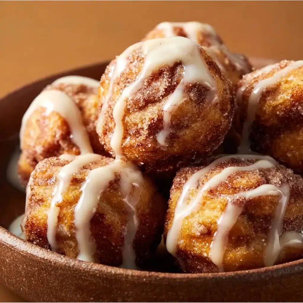 Gooey sourdough cinnamon roll bites on a plate, drizzled with icing.