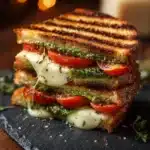 Gourmet grilled cheese sandwich with avocado and tomatoes on rustic bread