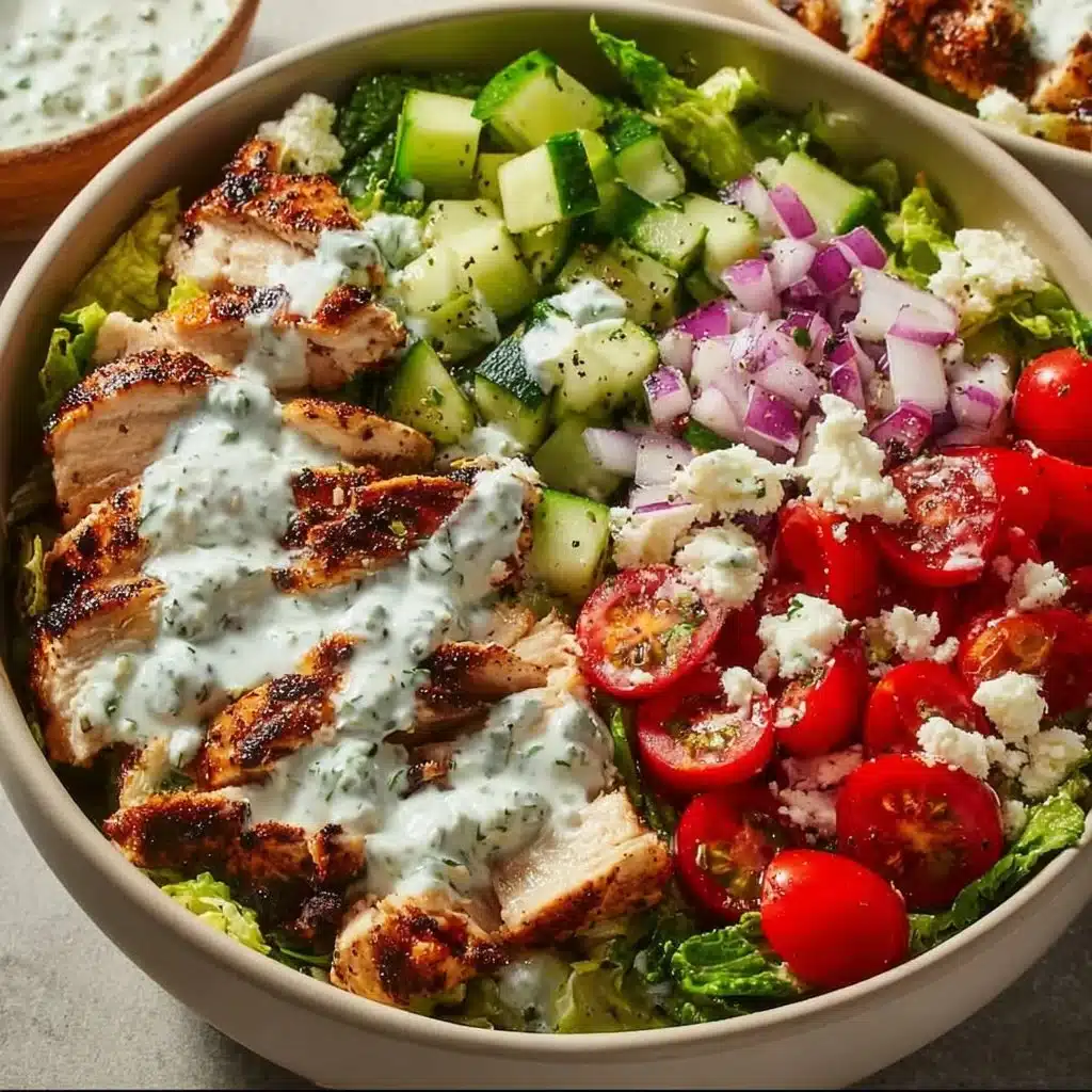 Delicious Greek Chicken Bowl with fresh veggies and tzatziki sauce