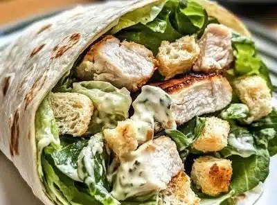 Grilled Chicken Caesar Salad Wrap with fresh romaine and creamy dressing