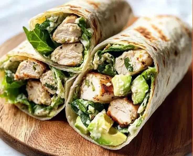 Grilled Chicken Caesar Salad Wrap with fresh ingredients and dressing