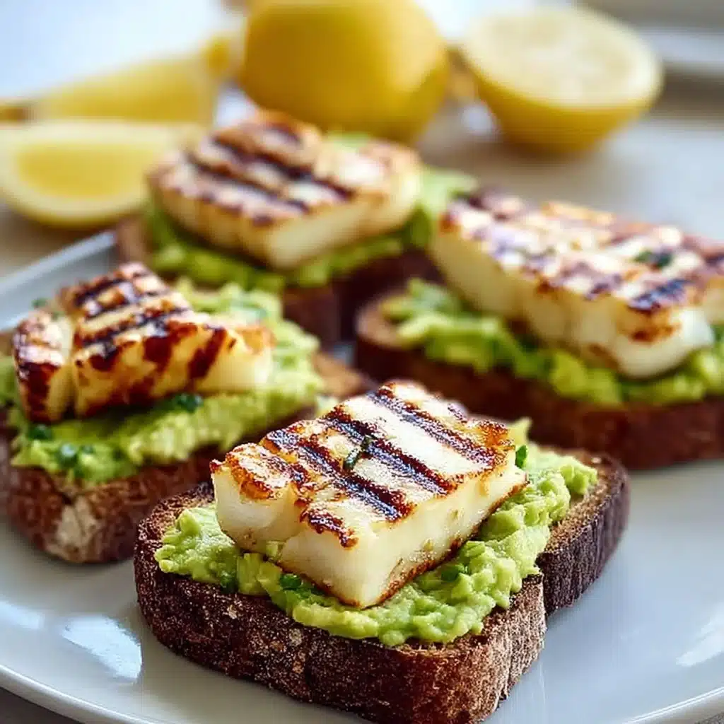Grilled Halloumi Avocado Toasts topped with fresh herbs and red pepper flakes.