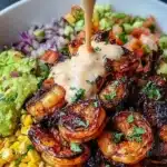 Delicious grilled shrimp bowl with avocado, corn salsa, and creamy garlic sauce