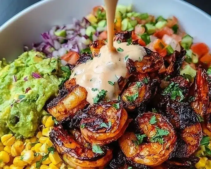 Delicious grilled shrimp bowl with avocado, corn salsa, and creamy garlic sauce