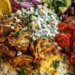 Gyro Rice Bowl topped with creamy garlic feta and fresh ingredients.