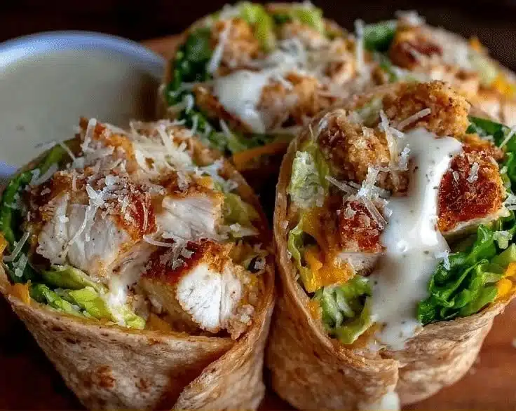 Healthy air fryer chicken Caesar wraps served on a plate