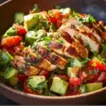 Bowl of healthy avocado chicken salad with fresh ingredients.