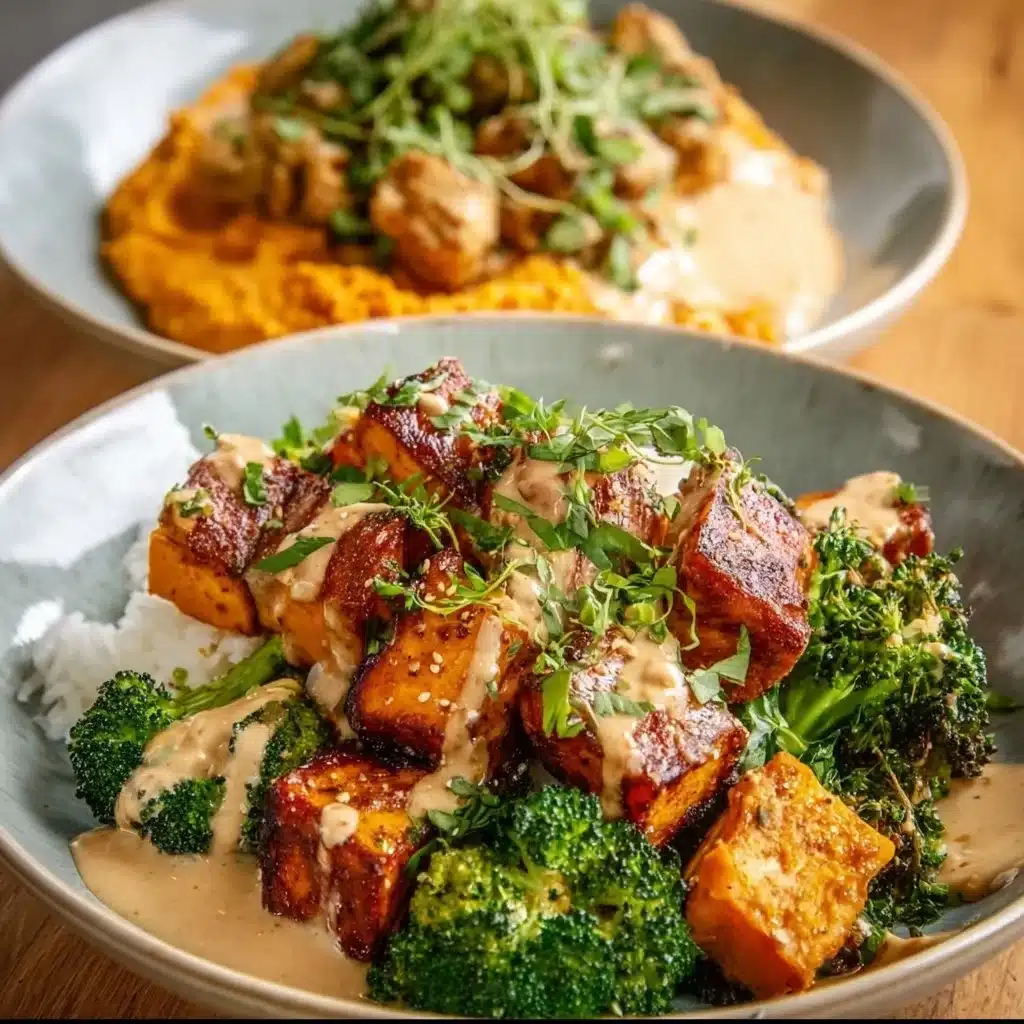 Healthy chicken sweet potato bowls with colorful vegetables and spices
