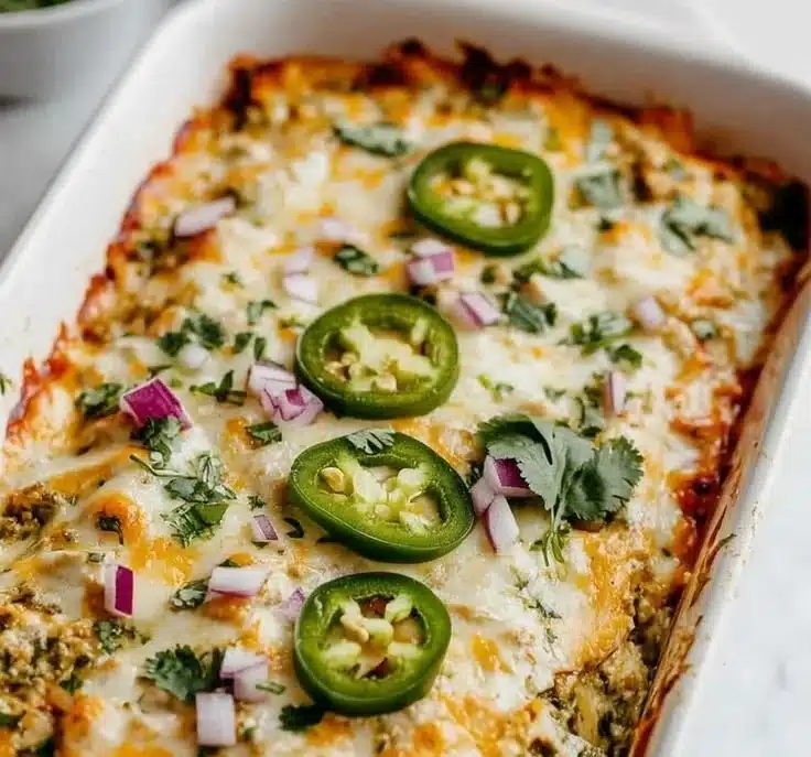 Healthy salsa verde chicken casserole topped with fresh herbs and salsa
