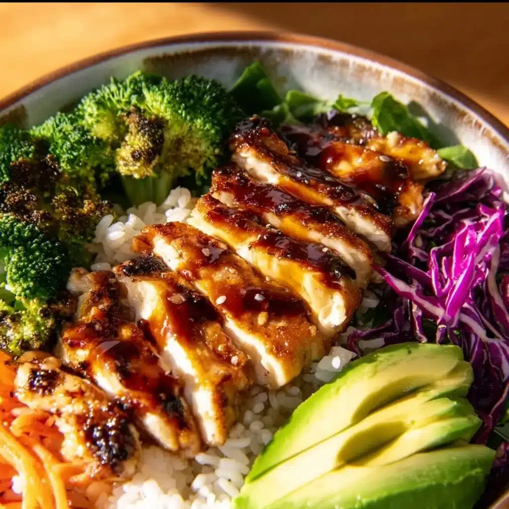 Healthy sticky chicken bowls with fresh vegetables and grains