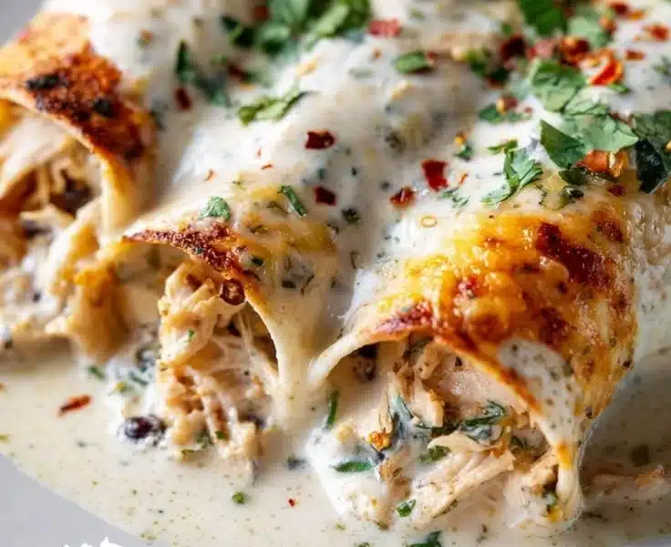 Delicious high protein chicken enchiladas topped with sauce and cheese