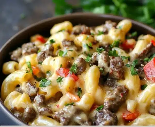 High-Protein Creamy Philly Cheesesteak Mac & Cheese Bliss