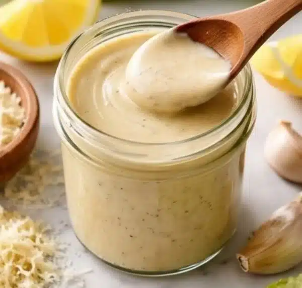 Bowl of creamy homemade Caesar dressing with fresh ingredients.