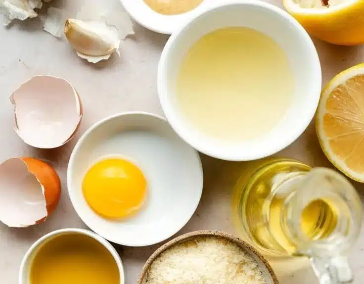Bowl of homemade Caesar dressing with fresh ingredients and herbs.