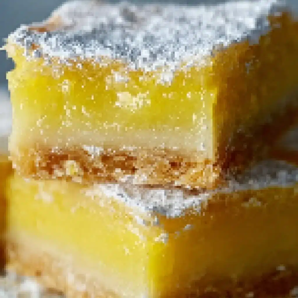 Freshly baked homemade lemon bars topped with powdered sugar.
