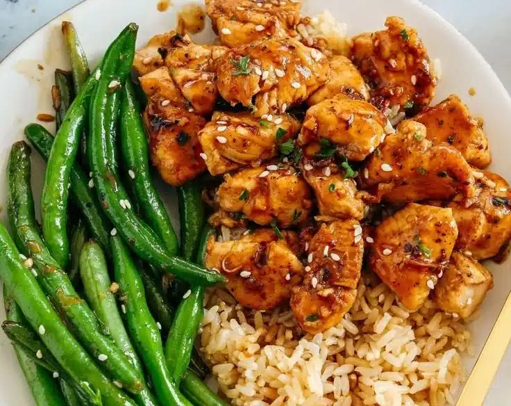 Delicious honey garlic chicken served with fresh green beans