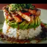 Honey Lime Chicken & Avocado Rice Stack plated beautifully for a vibrant meal.