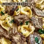 Delicious Garlic Steak Tortellini served in creamy sauce