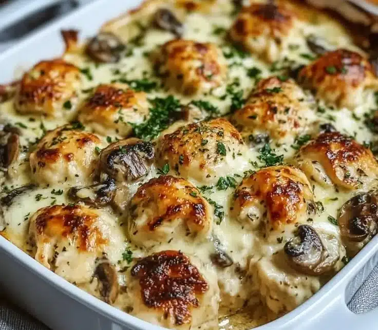 Keto Garlic Mushroom Chicken Casserole served in a dish with fresh herbs