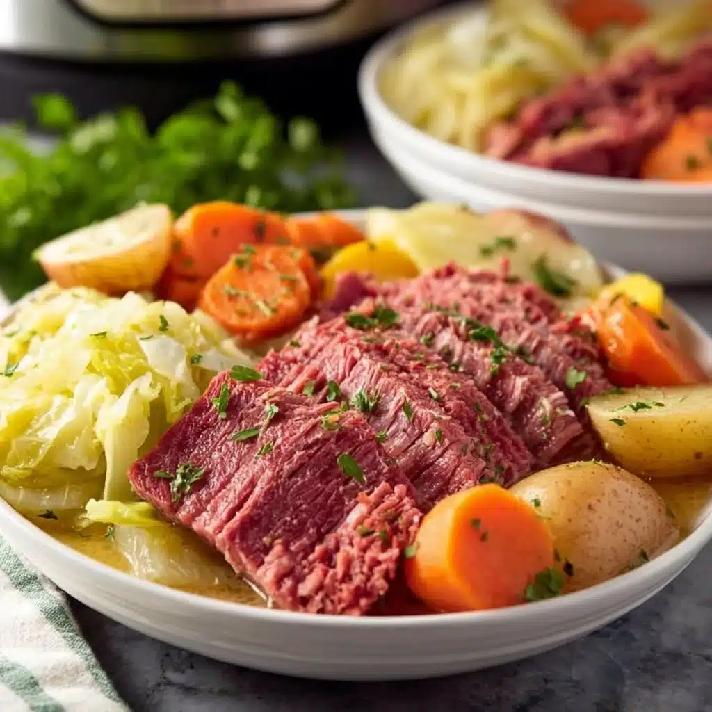 Instant Pot corned beef and cabbage cooking in a modern kitchen