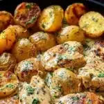 Plate of creamy garlic chicken garnished with herbs and served with vegetables