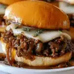 Delicious French Onion Beef Sloppy Joes served on a plate with cheese and toppings