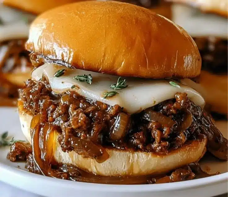 Delicious French Onion Beef Sloppy Joes served on a plate with cheese and toppings