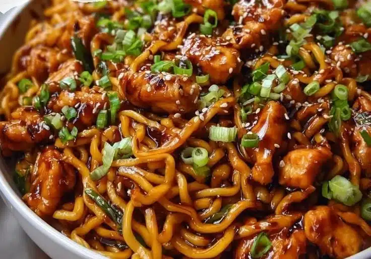 Delicious garlic chicken noodles served in a bowl, garnished with herbs.