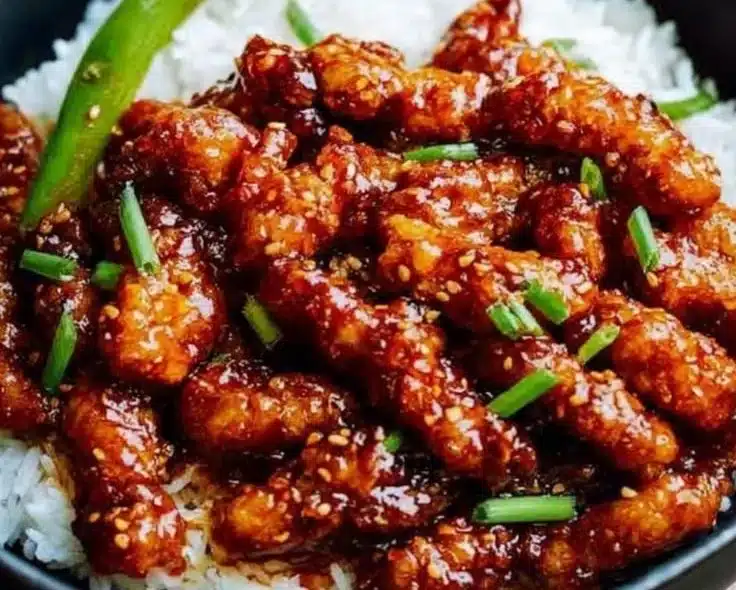 Plate of spicy Dragon Chicken served with vegetables and sauce