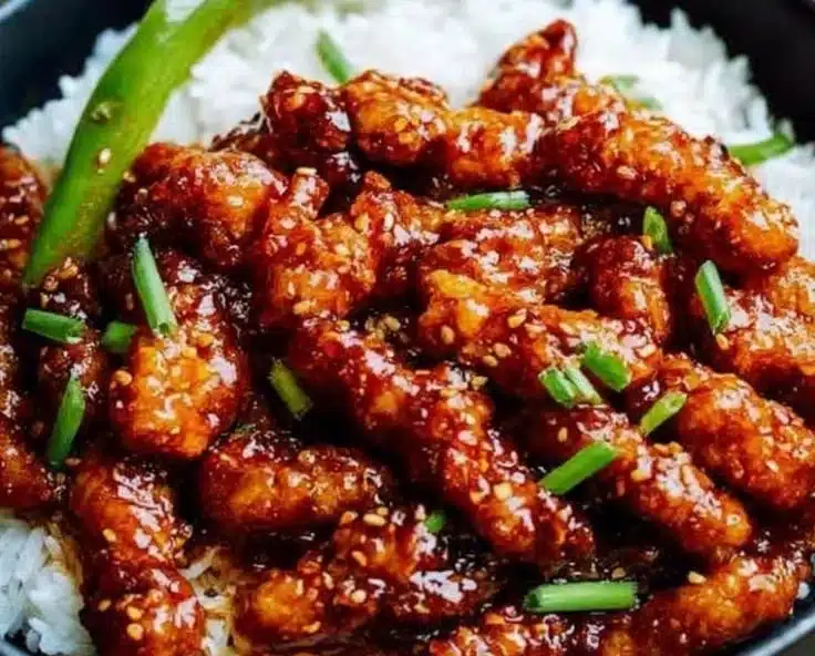 Plate of spicy Dragon Chicken garnished with vegetables and herbs