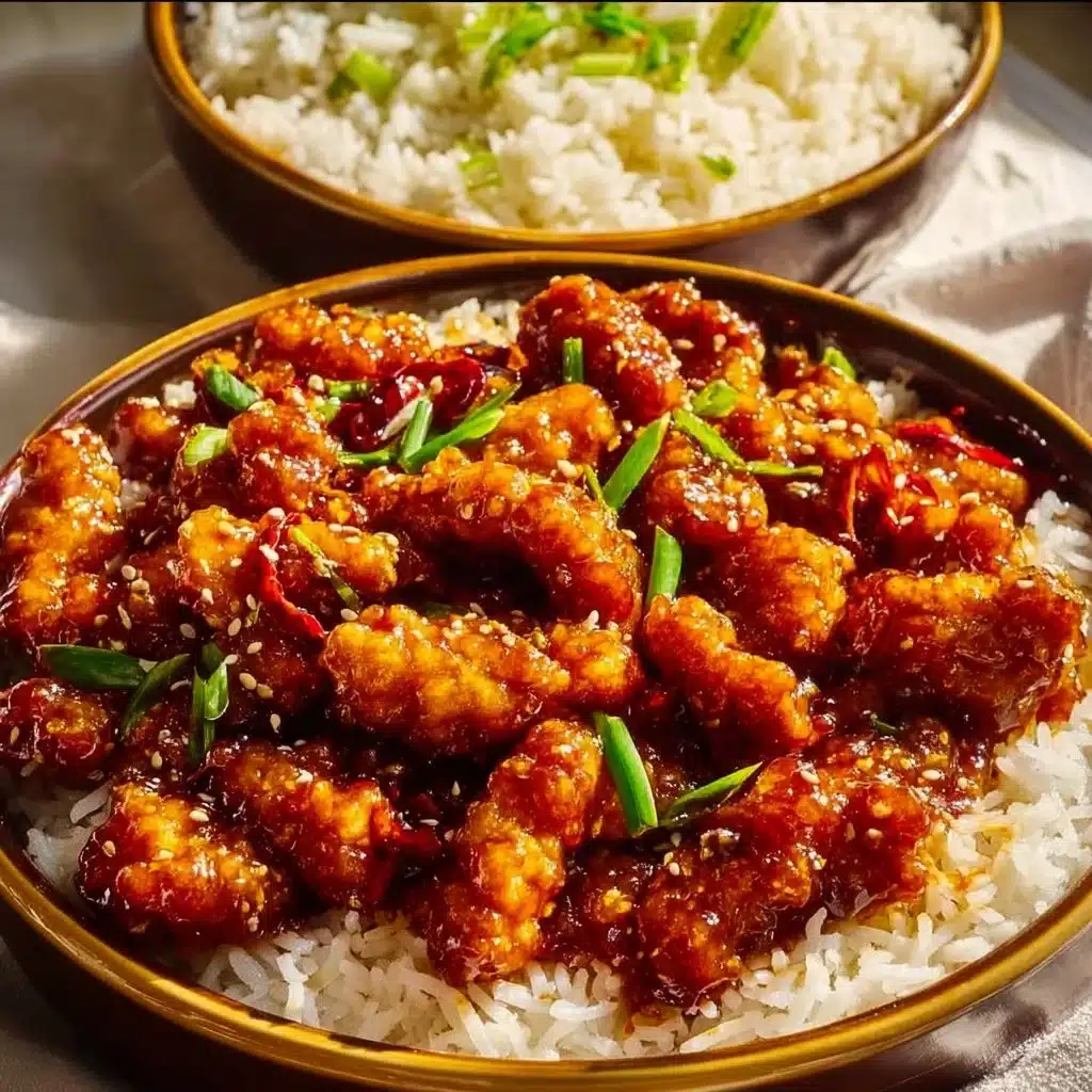 Plate of spicy Dragon Chicken served with vegetables and rice.