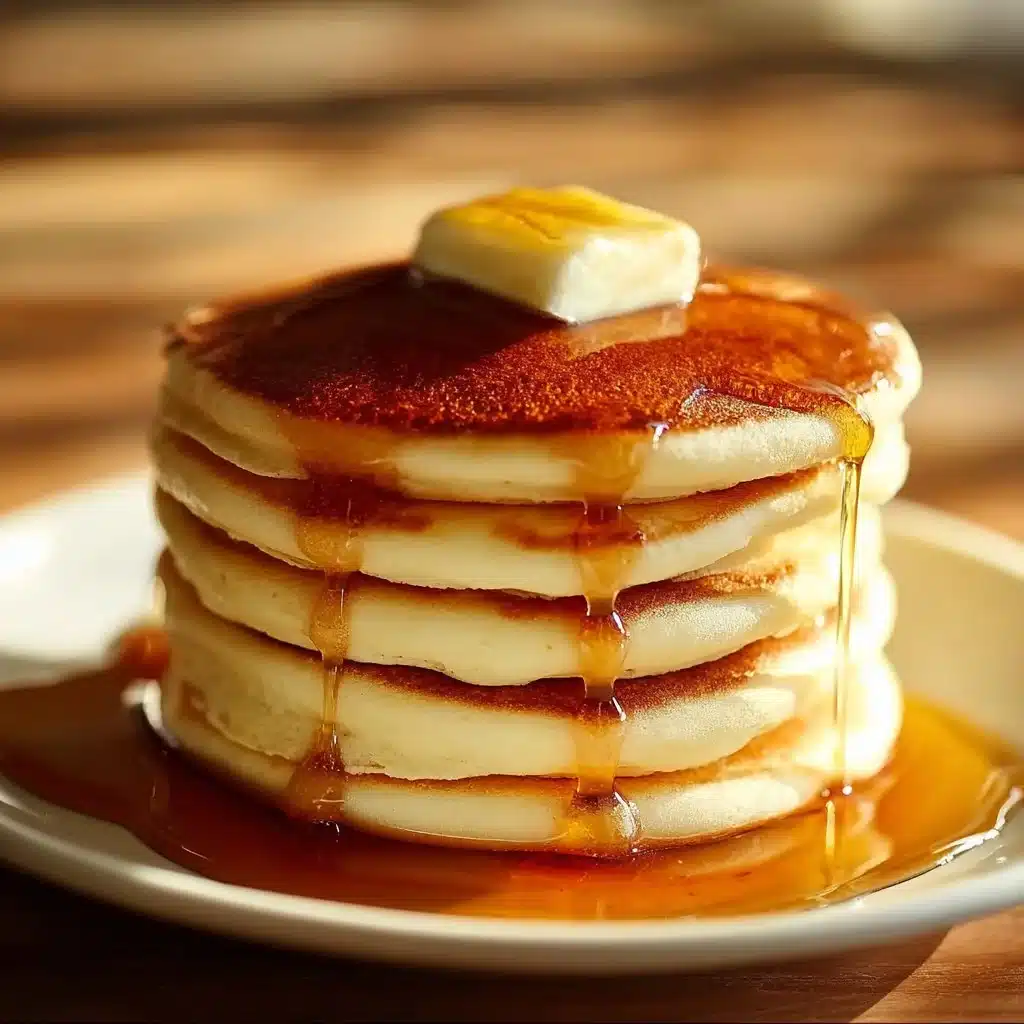 Fluffy Japanese soufflé pancakes stacked with syrup and fruit