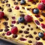 Keto sheet pan pancakes served on a plate with fresh berries