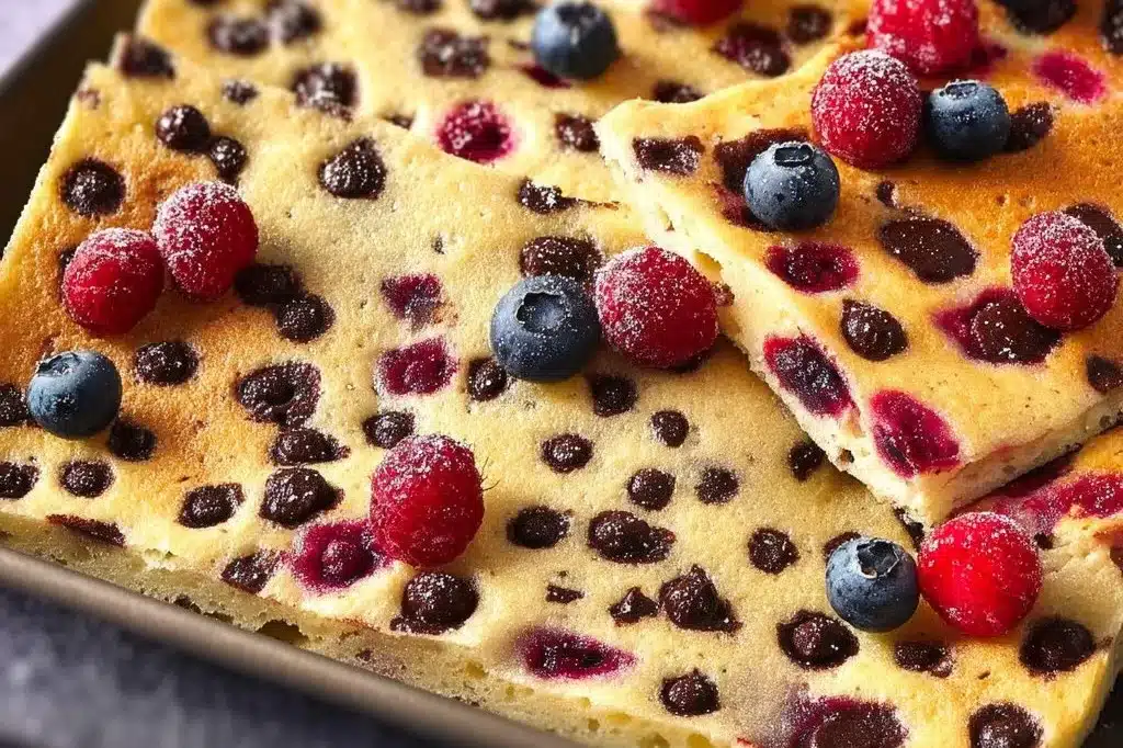 Keto sheet pan pancakes served on a plate with fresh berries