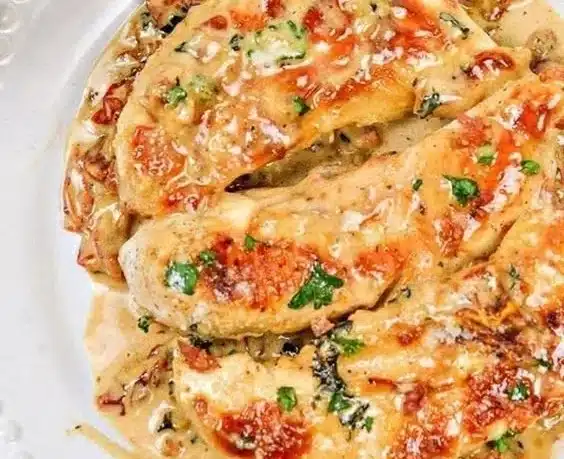 Keto Tomato Basil Chicken Skillet with fresh ingredients in a skillet