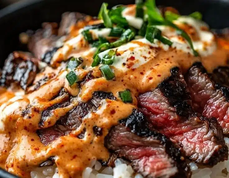 Korean BBQ steak rice bowl served with fresh vegetables and sauce