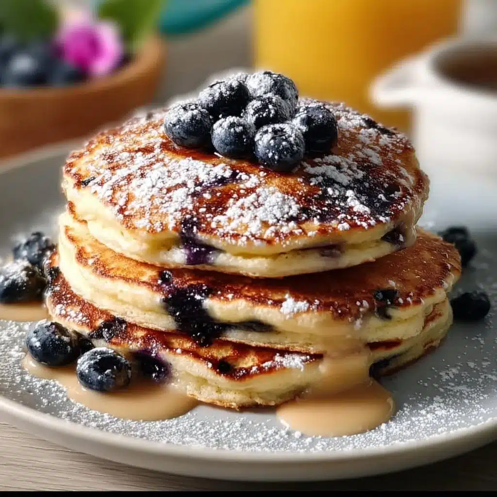 Delicious lemon blueberry pancakes served with syrup and fresh blueberries
