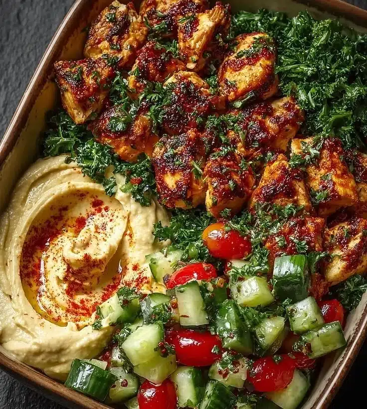 Lemon Chili Grilled Chicken Bowls with Fresh Cucumber Salad & Hummus