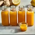 Lemon ginger immunity shots in a glass with fresh ingredients.