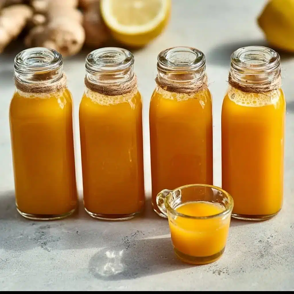 Lemon ginger immunity shots in a glass with fresh ingredients.