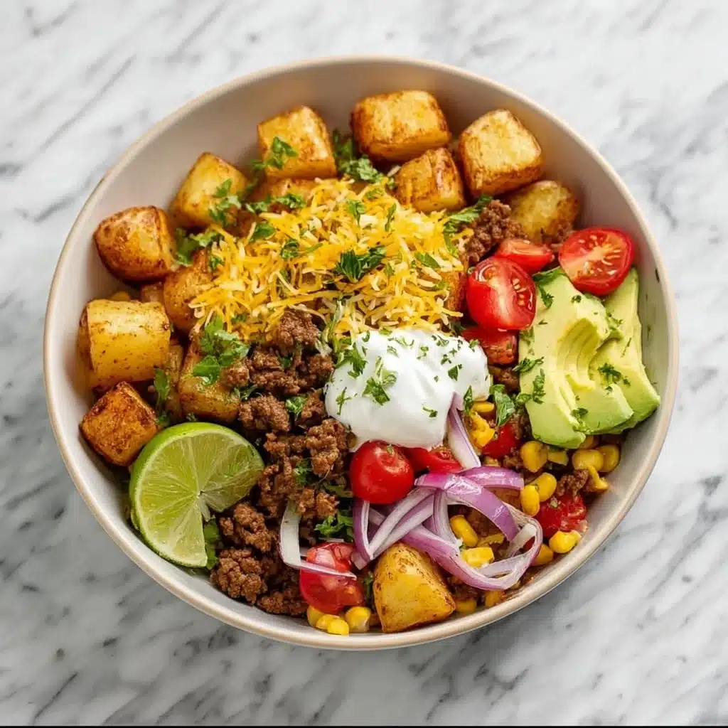 Delicious Loaded Potato Taco Bowl topped with fresh ingredients and savory spices